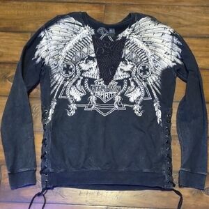 Affliction Charcoal Winged Skull Sweatshirt. Size M.